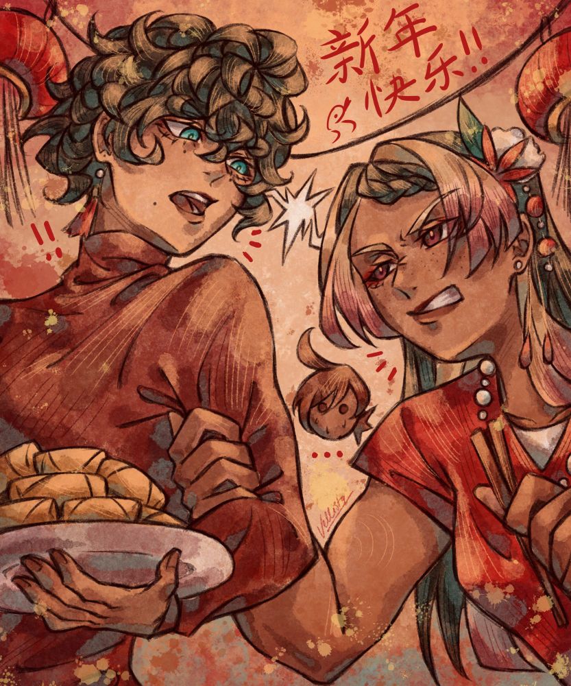 Digital drawing of three original characters celebrating Chinese New Year. One is taller with black curly hair, real eyes, 3 moles on her face, a red tassel earring, and wearing a dark red turtleneck. She holds a plate of spring rolls away from the second girl, who grabs her arm with chopsticks in her other hands and looks at her in frustration. This girl has long dark hair with light dyed areas fading to pink, and wears a white shirt underneath a red short sleeved shirt and white pearl necklace. She has a hair accessory with a red flower, leaf, white pom pom, and red and white beads. The background has two lanterns strung on a line, with 新年快乐and a snake doodle on it. The third girl is a chibi with brown hair and a nervous expression as she watches the other two fight over spring rolls.