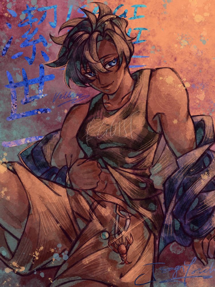 Digital drawing of genderbent Isagi Yoichi, part 1 of a split piece. She has an undercut and high short ponytail. Sat on a surface, her right leg is raised and her left arm stretched outwards to hold hands with Rin whilst her other arm slightly lifts her shirt to reveal her stomach/abs. She wears a black tank top with 'EGOIST' lettered on the centre and a blue and black flannel falling and bunching around her elbows. On her brown shorts there is a silver carabiner with a teal pom pom and red lobster keychain. Her right hand has a teal friendship bracelet. In the background, her name is written in English and kanji in bright glittery blue lettering.