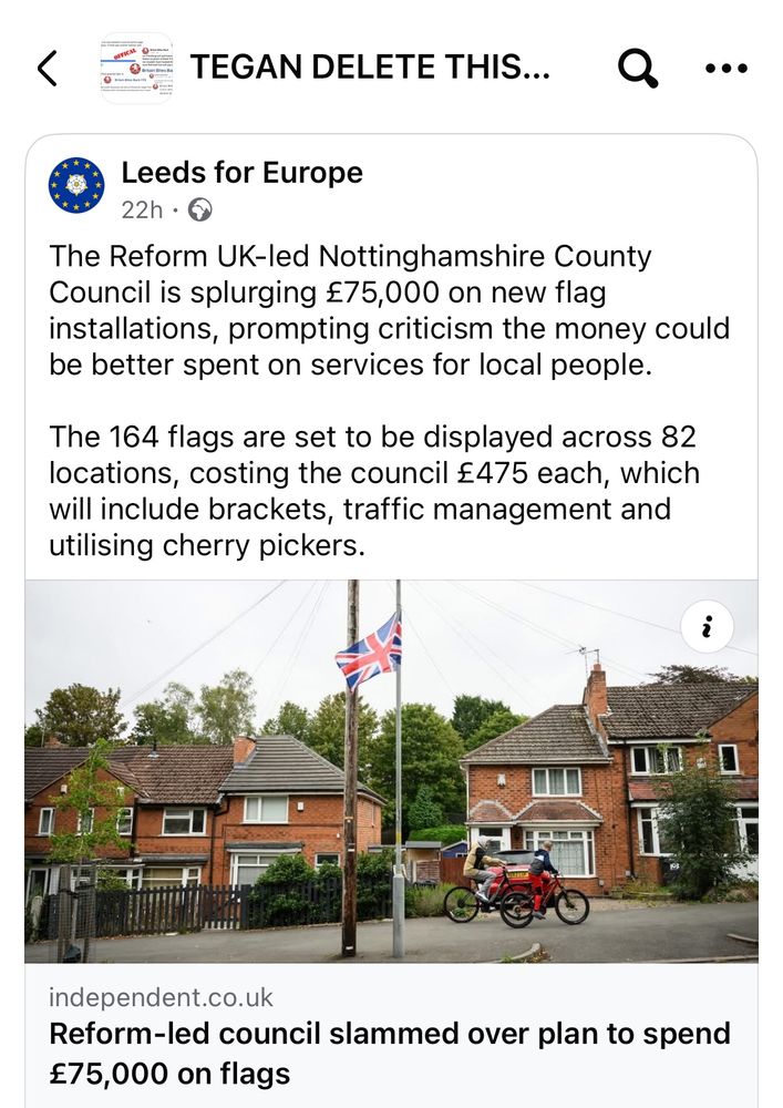 Leeds for Europe
22h • G
The Reform UK-led Nottinghamshire County Council is splurging £75,000 on new flag installations, prompting criticism the money could be better spent on services for local people.
The 164 flags are set to be displayed across 82 locations, costing the council £475 each, which will include brackets, traffic management and utilising cherry pickers.