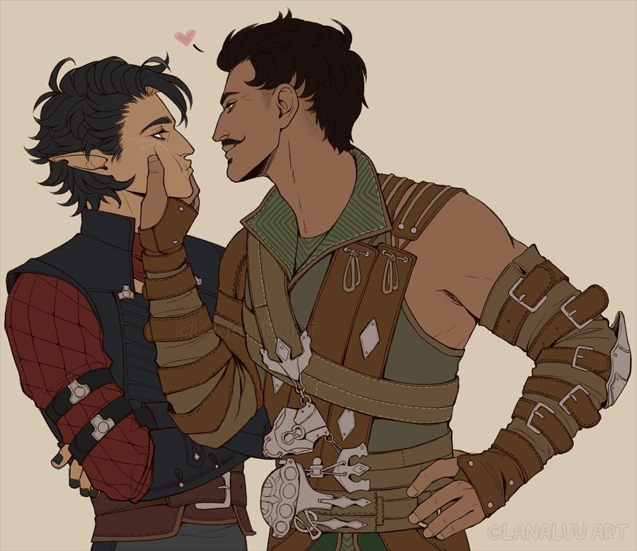 Dorian Pavus playfully squishing an unimpressed Inquisitor Arlen's cheeks.