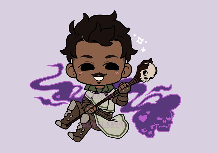 Chibi Dorian Pavus from Dragon Age with a smokey purple spell behind him