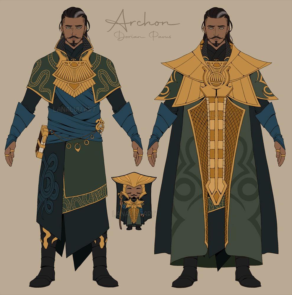 Concept art for clothing for Archon Dorian Pavus from Dragon Age Veilguard inspired by the official concept art and Radonis' clothing.