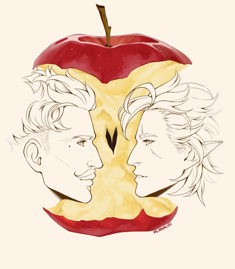 Apple core with two side portraits, Dorian Pavus and OC Arlen facing each other.