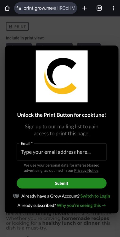 Desparate and audacious recipe website demands that you sign up for their newsletter to "unlock the print button"