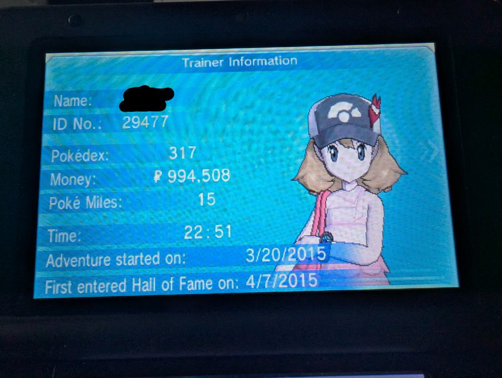 Trainer details, showing 317 in the Pokedex. Game started on March 30th, 2015, and first entered Hall of Fame on April 7th, 2015. The Trainer name is crossed out as it's an old handle.