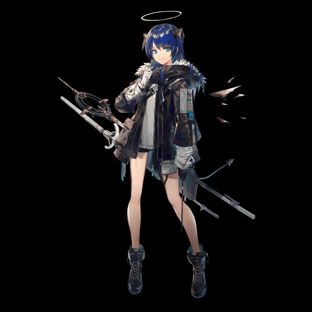 Mostima from Arknights. She is Laterano, and has a halo but fragmented wings and horns the color of tar. Her boots have ankle cuffs and her jacket is oversized and warm, in contrast of her shorts.