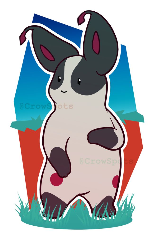 A drawing of a luma tateru from the game TemTem. She's standing in a patch of deniz grass with a cliff and a blue sky behind her.