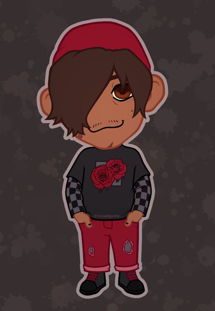 Chibi drawing of a guy, the has tan skin, brown eyes, and medium brown hair that covers his right eye. They're standing with their hands in their pockets. He's wearing emo clothes. ripped red jeans, black converse style shoes, a black t-shirt with roses dripping ink over a checkered grey and black long sleeves shirt, and a red beanie to top it off. They've got a scar on their chin and a big scar on his right jaw, covered by his hair. 