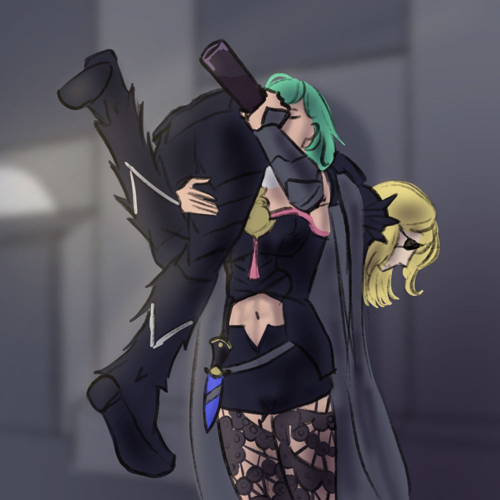 Dimitri and byleth from fire emblem are shown. Dimitri is in his timeskip outfit and Byleth is in her default outfit with green hair. Byleth has Dimitri thrown over her shoulder while chugging from a bottle of wine