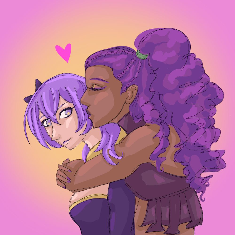 A drawing of Petra and bernadetta from fire emblem. Petra is hugging Bernadetta’s from behind and kissing her on the side of the head