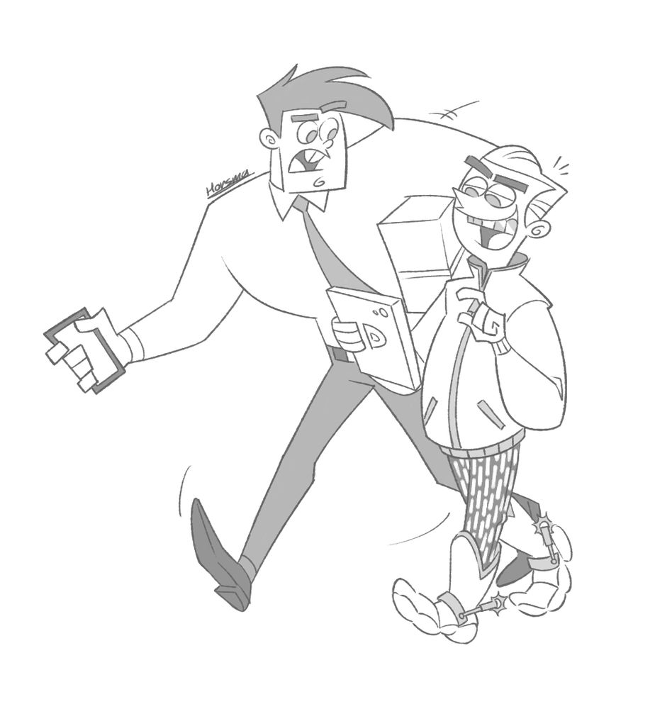 Timmy and Dale walking together. Timmy is holding a phone in one hand and a boxes in the other trying to get Dale’s attention. Dale is more interested in whatever business he’s doing on his iPad.