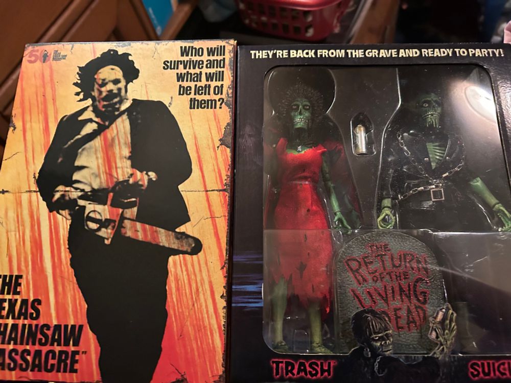 NECA figures of Leatherface from the The Texas Chainsaw Massacre and Trash & Suicide as zombies from The Return of the Living Dead 
