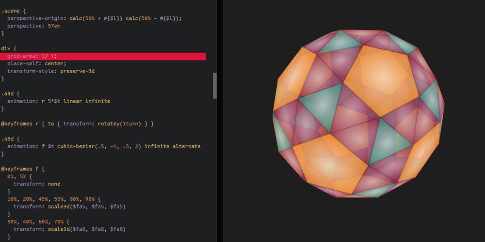 Snub dodecahedron with a part of the CSS on the left - the `grid-area: 1/ 1`  line is highlighted.
