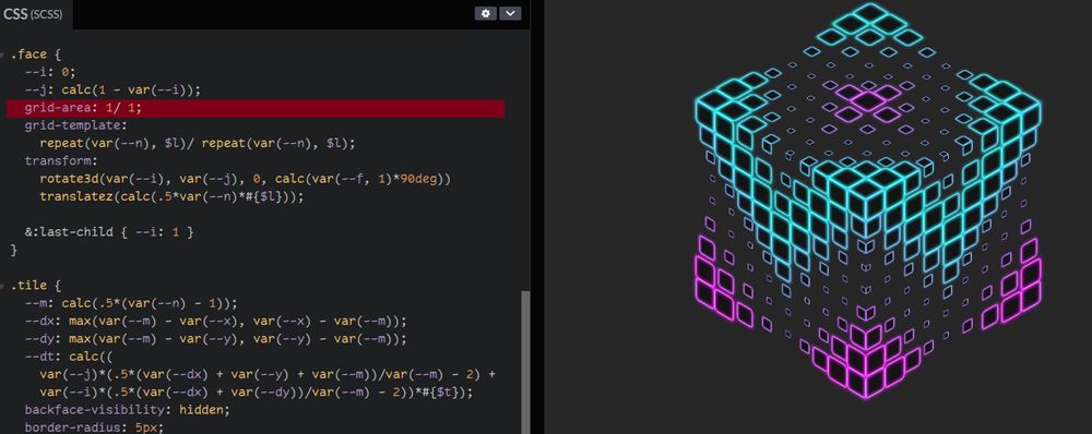 Fancy animated cube. On the left,there's a bit of the CSS used to create it, with the `grid-area: 1/ 1` line highlighted for `.face` elements.