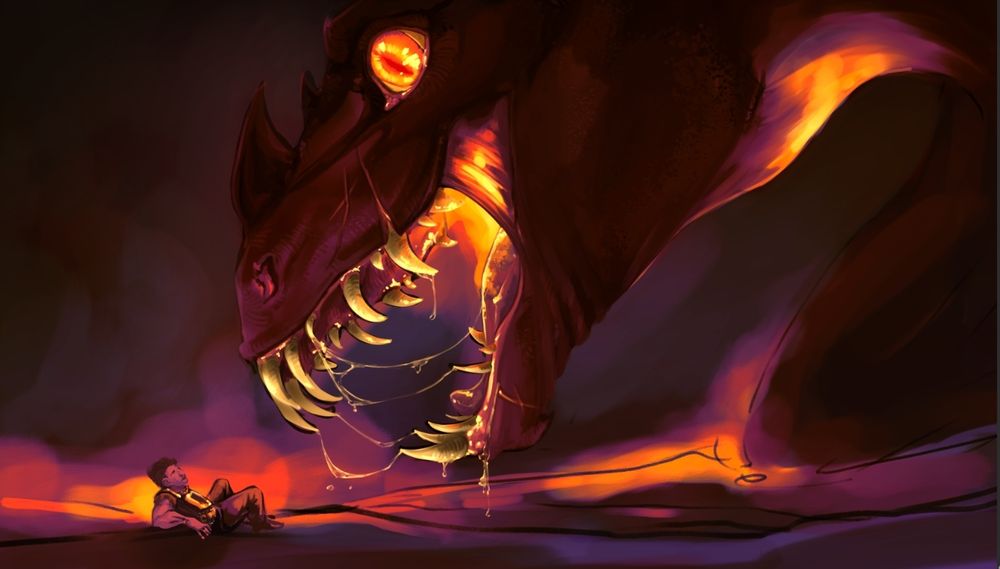 A small dwarft woman facing the open jaws of a terrifyingly huge dragon