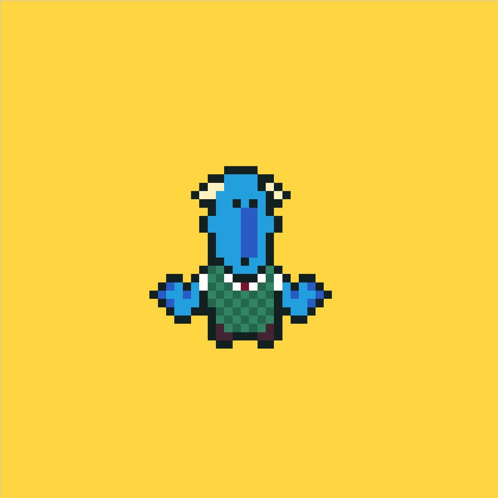 pixel-art solo image of a blue character wearing a green checkered vest/cardigan over a white dress shirt, sporting a red tie and brown pants. their hands are raised and open, mid-dance. small horns sprout out of their long, pill-shaped head, which also has a long, darker blue nose.