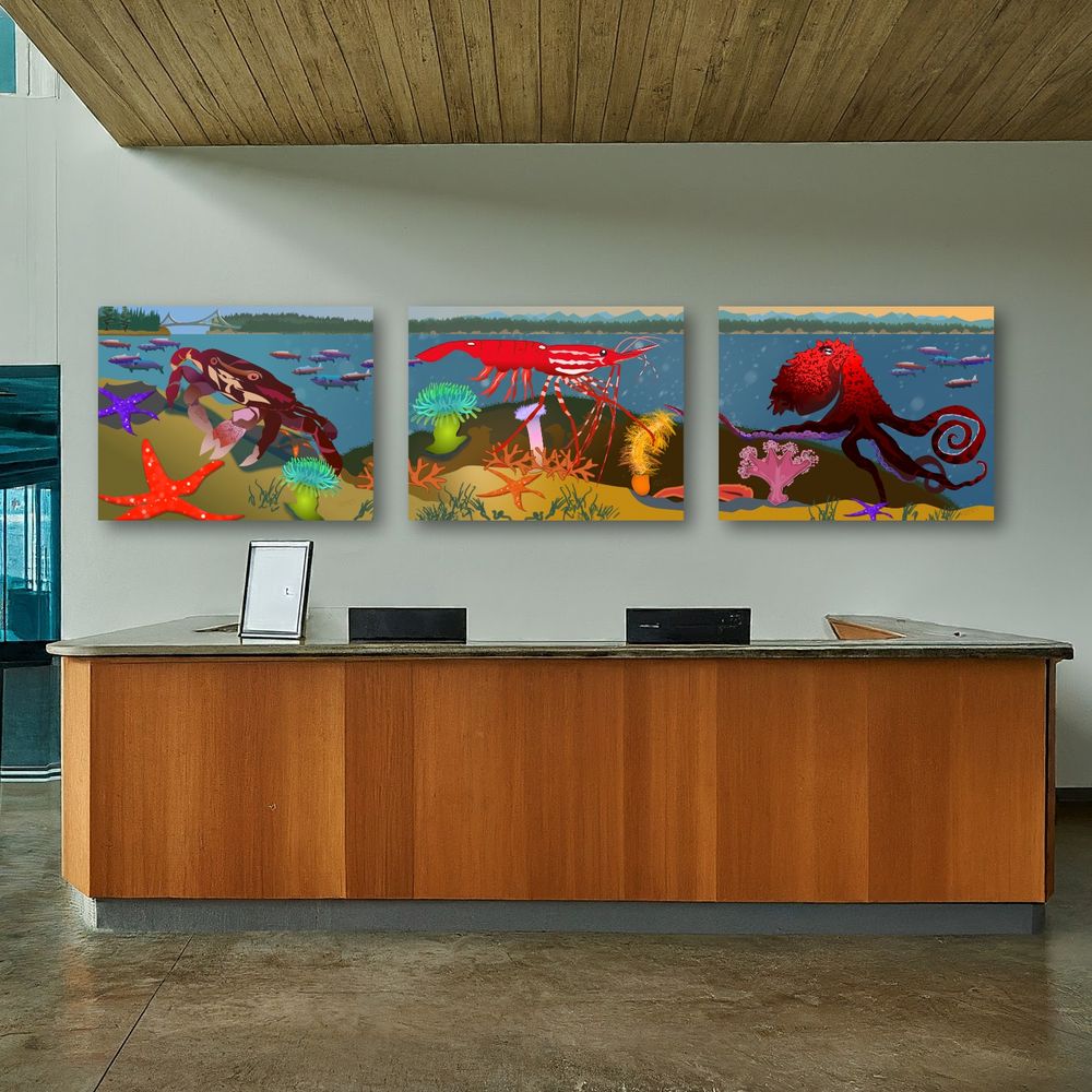 A digital vector art triptych behind an aquarium front desk shows marine life in the Pacific Northwest.  A colorful dungeonness crab, spot shrimp and an octopus inhabit these waters, "Under the Sound".