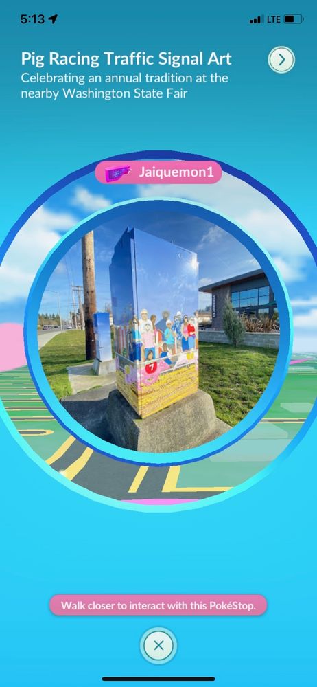 A screen shot showing a piglet race signal box as a Pokestop in Puyallup, WA.