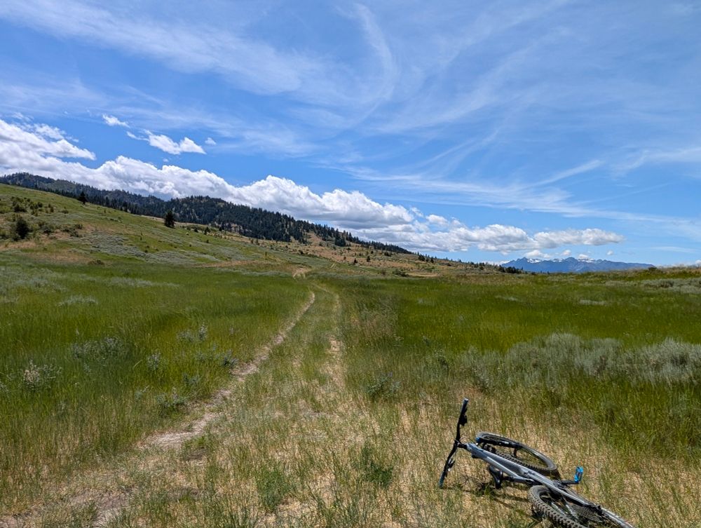 A view of a mountain bike trail above Wenatchee, WA, on the "homestead trail".  The trail goes through a grassy plateau, a mountain bike laid on the ground is in the foreground, and distant mountains can be seen on the horizon.  This trail is known for views of those glacier topped mountains.