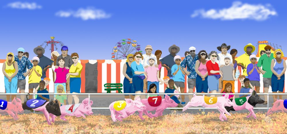 This digital at shows a piglet race at the State Fair, with spectators in the background cheering them on, and the fair rides in the background.