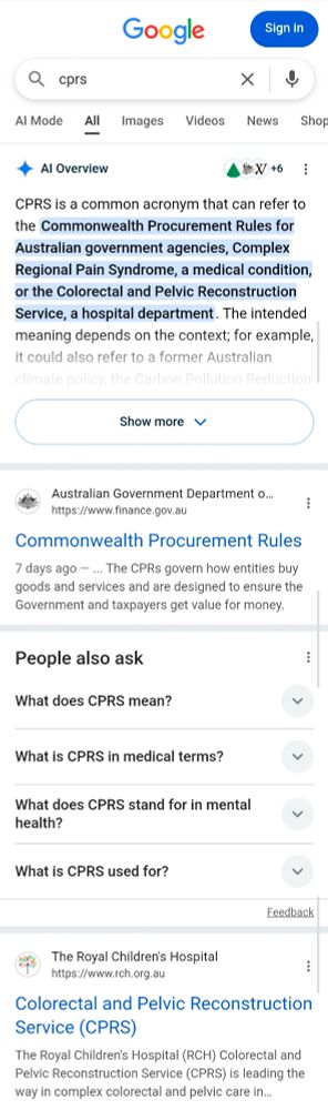 Screenshot of Google. CPRS is so old and obscure that Google thinks it means Commonwealth Procurement Rules