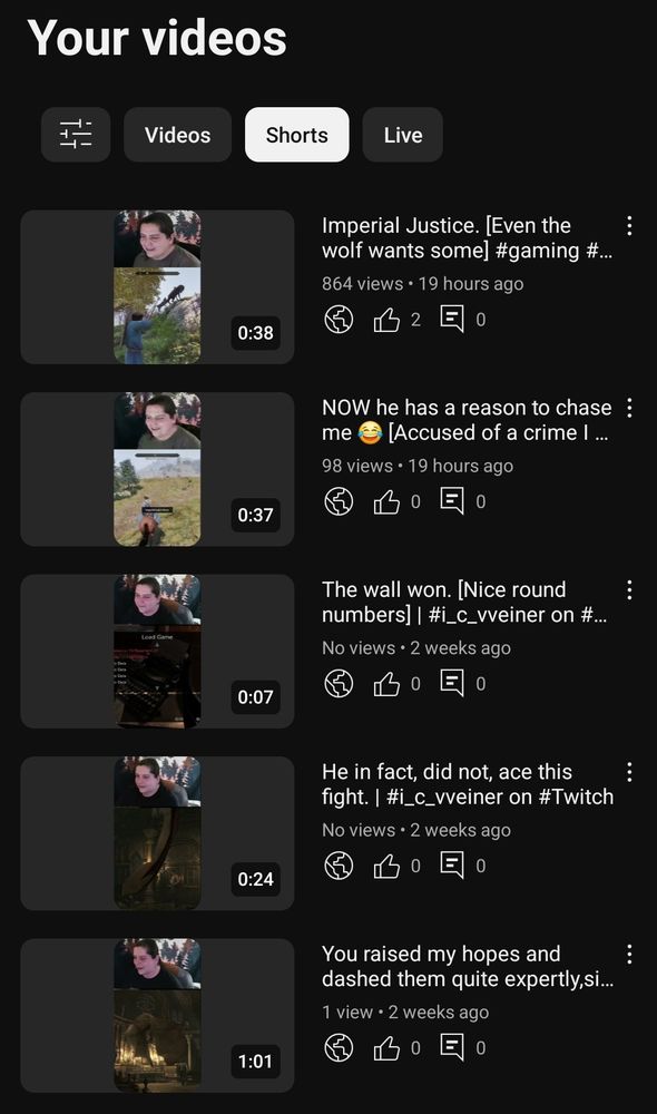 Old cross-posted clips at no views to 4 max, direct uploaded clips, almost 900 views overnight 