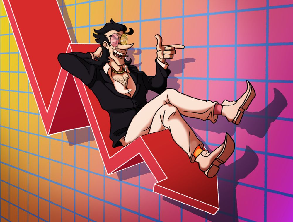 A human man sits relaxed on the creases of a bent arrow as if it were a chair. The arrow is intended to look like a lowing arrow representing lowering slaes on a graph. He is throwing a finger gun while smiling. He is wearing a black jacket, white shirt, white trousers, white shoes, while one sock is pink and the other is yellow. He is wearing round circle glasses, the left lens is pink while the right is yellow.
