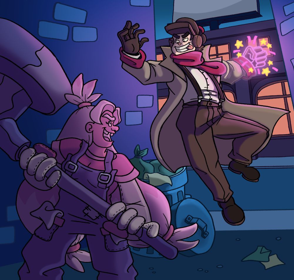 A gijinka of a shiny slurpuff is jumping and smiling deviously in the background while preparing a fairy type attack, his fist is glowing pink and surrounded in stars. A tinkaton gijinka is holding her hammer confidently, prepared to knock away the incoming attack. They are fighting in a dirty city alleyway at night.