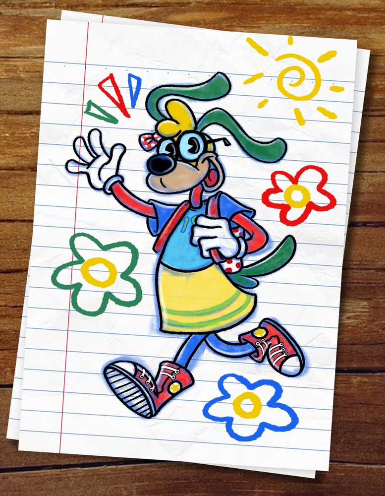 A cartoony dog in bright blue, red, green and yellow colours wearing a t-shirt, skirt and converse shoes waves happily in a crayon like drawing among doodles of flowers and the sun, on lined text book paper thats sitting on a desk.