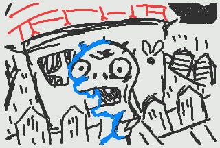 A zombie from Plants Vs. Zombies right in front of a house. There is a little fly right by the zombie’s side.