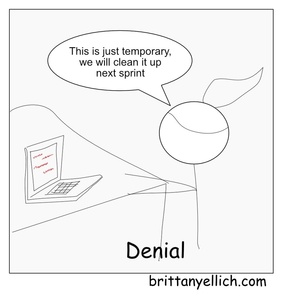 Stage one: Denial

A stick figure comic stating "This is temporary, we will clean it up next sprint!"