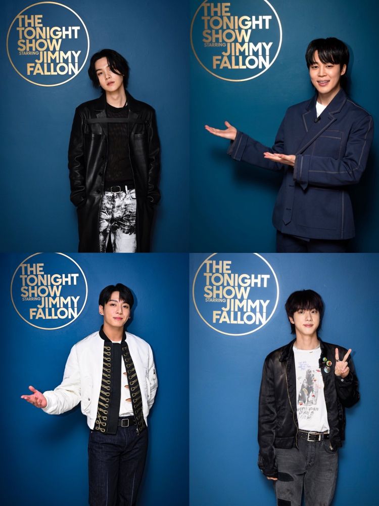 A collage of individual photos of BTS Suga, Jimin, Jungkook, and Jin posing next to The Tonight Show featuring Jimmy Fallon backdrop. 