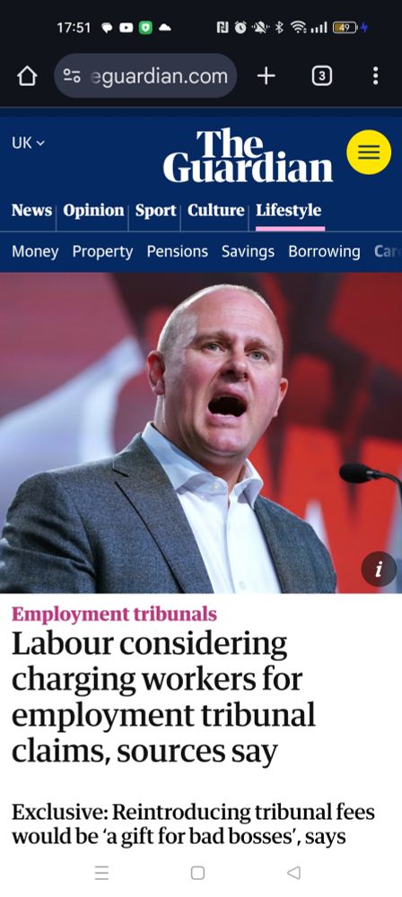 Guardian Headline:

Labour considering charging workers for employment tribunal claims, sources say.