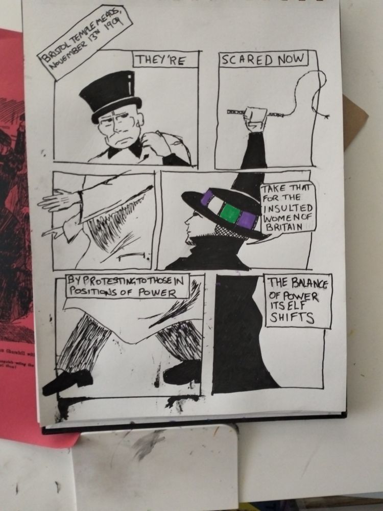 A comic depiction of Theresa Garnett attacking Winston Churchill with a dog whip at Bristol Temple Meads station in 1909.