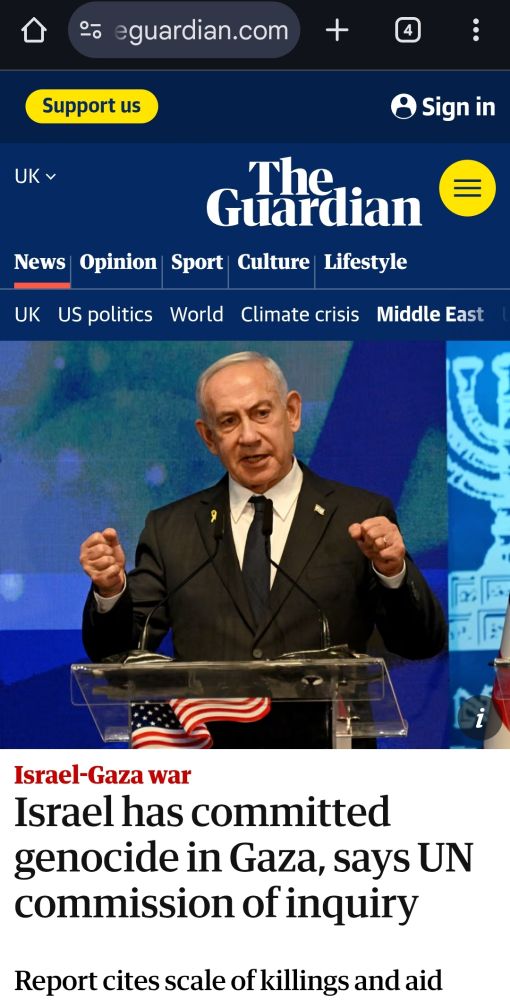 A Guardian headline with a picture of Netanyajo: Israel-Gaza war
Israel has committed genocide in Gaza, says UN commission of inquiry
