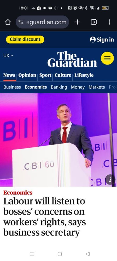 The Guardian Headline: Labour will listen to bosses' concern on workers' rights say business secretary. Accompanied by a picture of Peter Kyle MP (Business Secretary) speaking at the CBI.