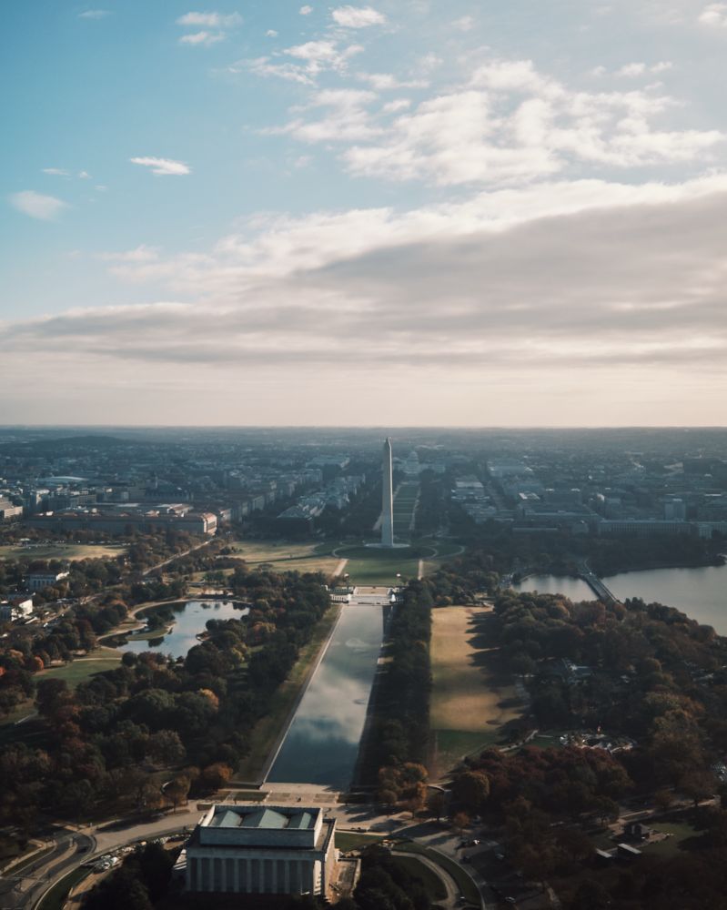 Aerial view of the Lincoln memorial and the Washington monument in Washington DC.