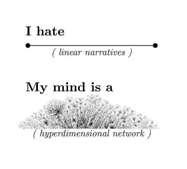 I hate (linear narratives) My mind is a (hyperdimensional network)