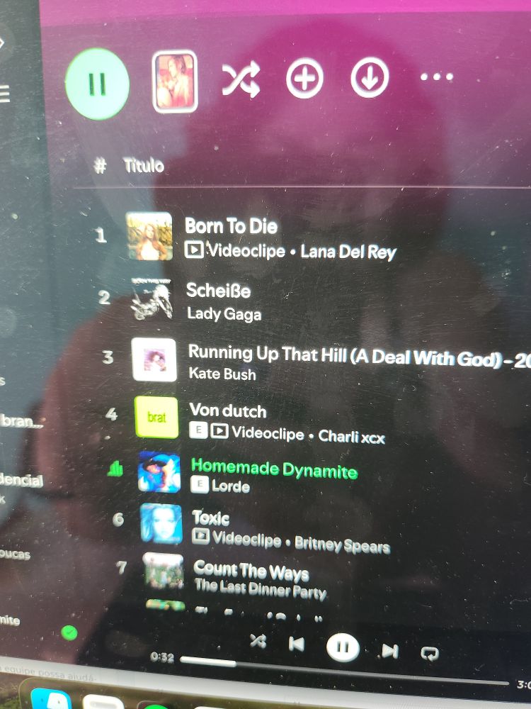 Foto de uma tela do spotify versão para computador. Fundo é preto e mostra uma lista de músicas variadas, a ordem das artistas é: lana del rey, lady gaga, kate bush, charli xcx, lorde, britney spears e the last dinner party