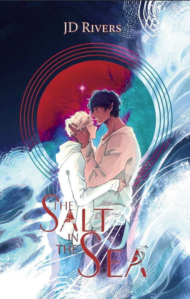 The front cover of a book entitled The Salt in the Sea by J. D. Rivers. Stylized artwork shows two men in a loose embrace, one shorter, light-skinned, and pale-haired, the taller one dark haired and darker skinned, both in casual modern-esque clothes. The taller one kisses the shorter one on the forehead, his hand clasping the shorter one's cheek. They stand before a blood-red circle with a star on it, and a brilliant blue wave surges behind them.
cover illustration by planetsandmagic (tumblr & bsky)