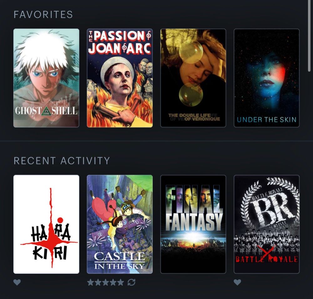 letterboxd profile image

favorites are ghost in the shell, passion of joan of arc, the double life of veronique, under the skin

recent watches are harakiri (liked), castle in the sky (rewatch, 5 stars), final fantasy spirits within, battle royale (liked)