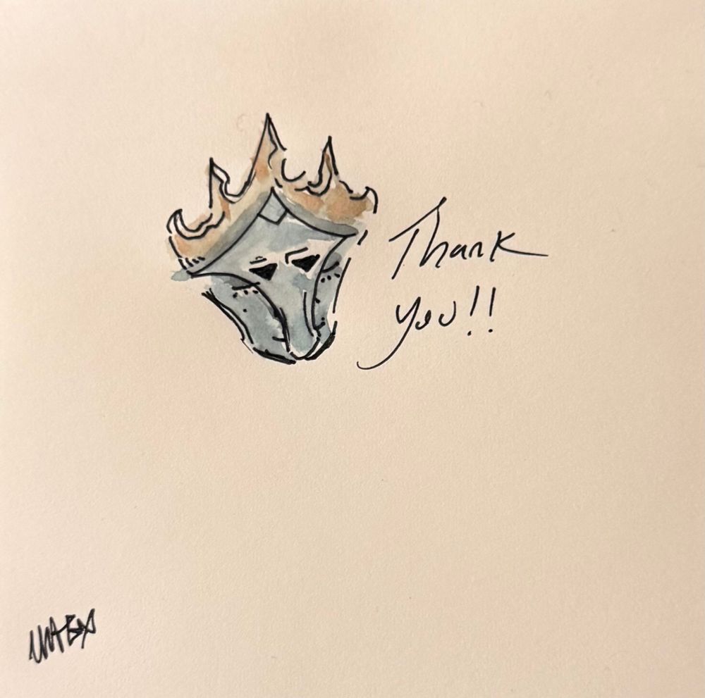 A tiny gouache and ink sketch of Arcane Herald Viktor’s head, smiling. A thank you note is written next to him.