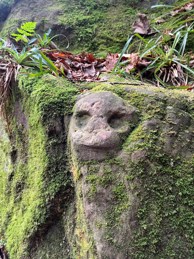 A stone carving of a face covered in moss. 
