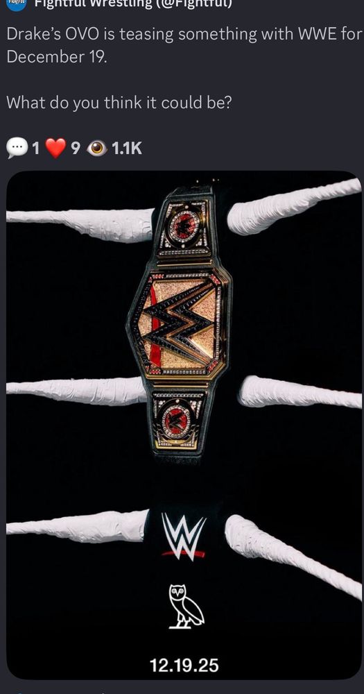 A photo of a WWE championship belt with an owl logo representing OVO, Drakes brand 