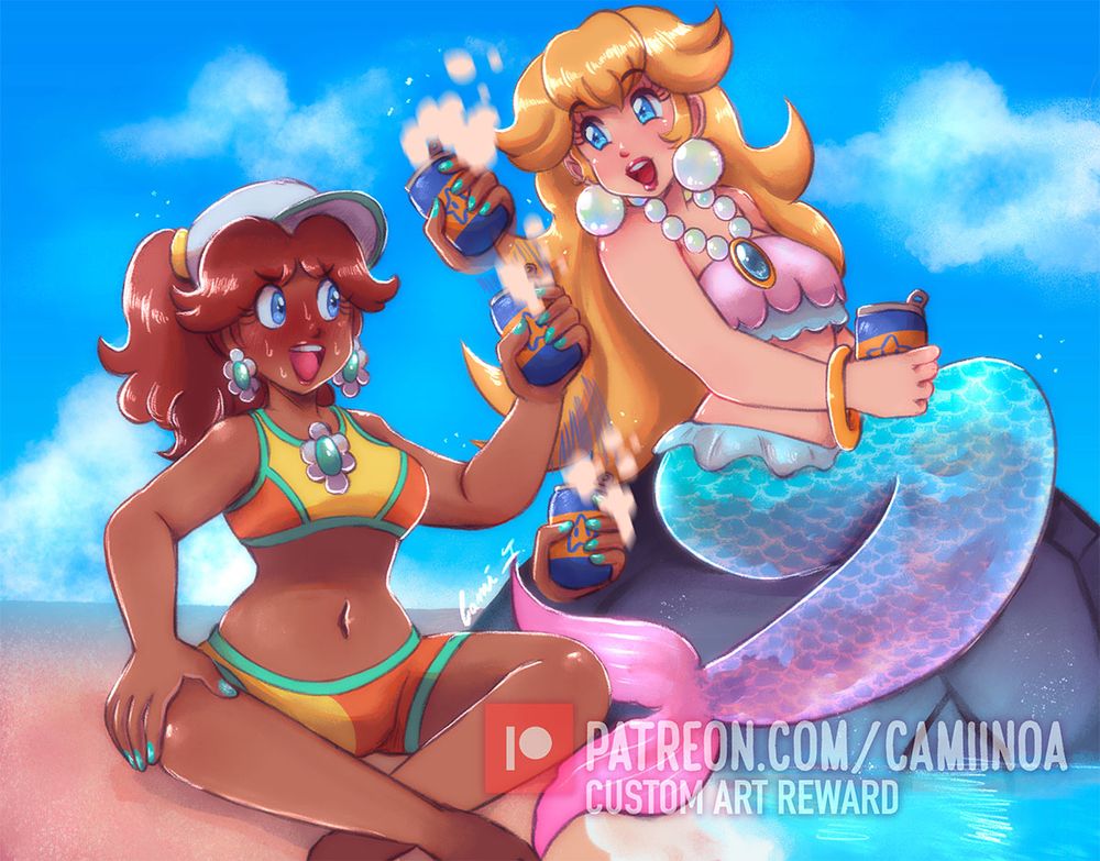 Princess Peach and Princess Daisy from the Super Mario Bros series. Daisy is in her summer wear that’s present in Mario Kart World and Peach in her mermaid outfit in Princess Peach: Showtime!

They are both drinking bee—I mean a nice hard cold one by the beach. Daisy is flustered as she speaks. Mermaid pretty. 