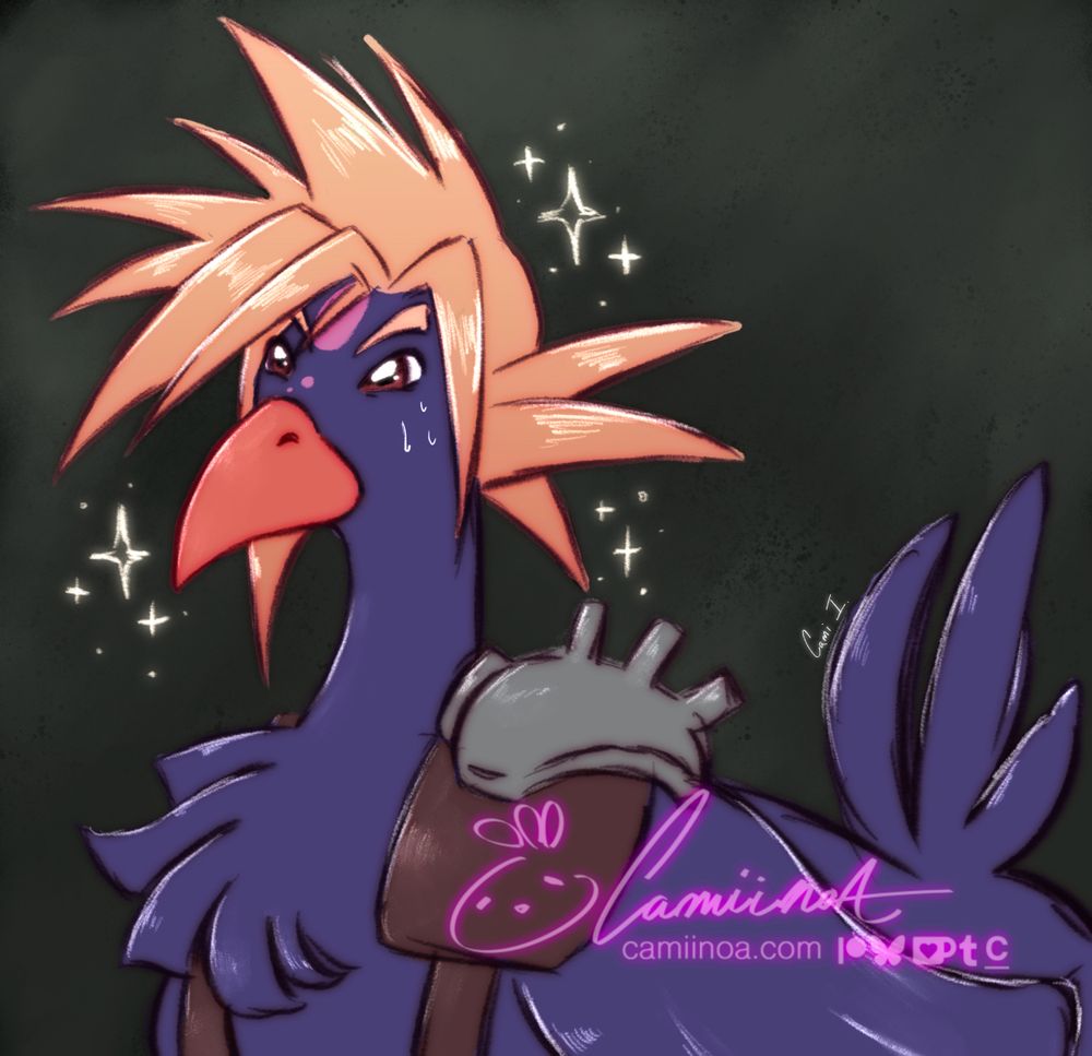 A black feather chocobo but he is dressed up as Cloud Strife from Final Fantasy 7.
