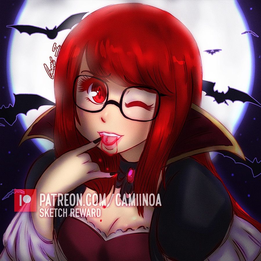 Kasumi Yoshizawa (real name Sumire) from Persona 5 ROYAL.

She is in a classic vampire dress while blood—I mean fruit punch drips from her mouth. 