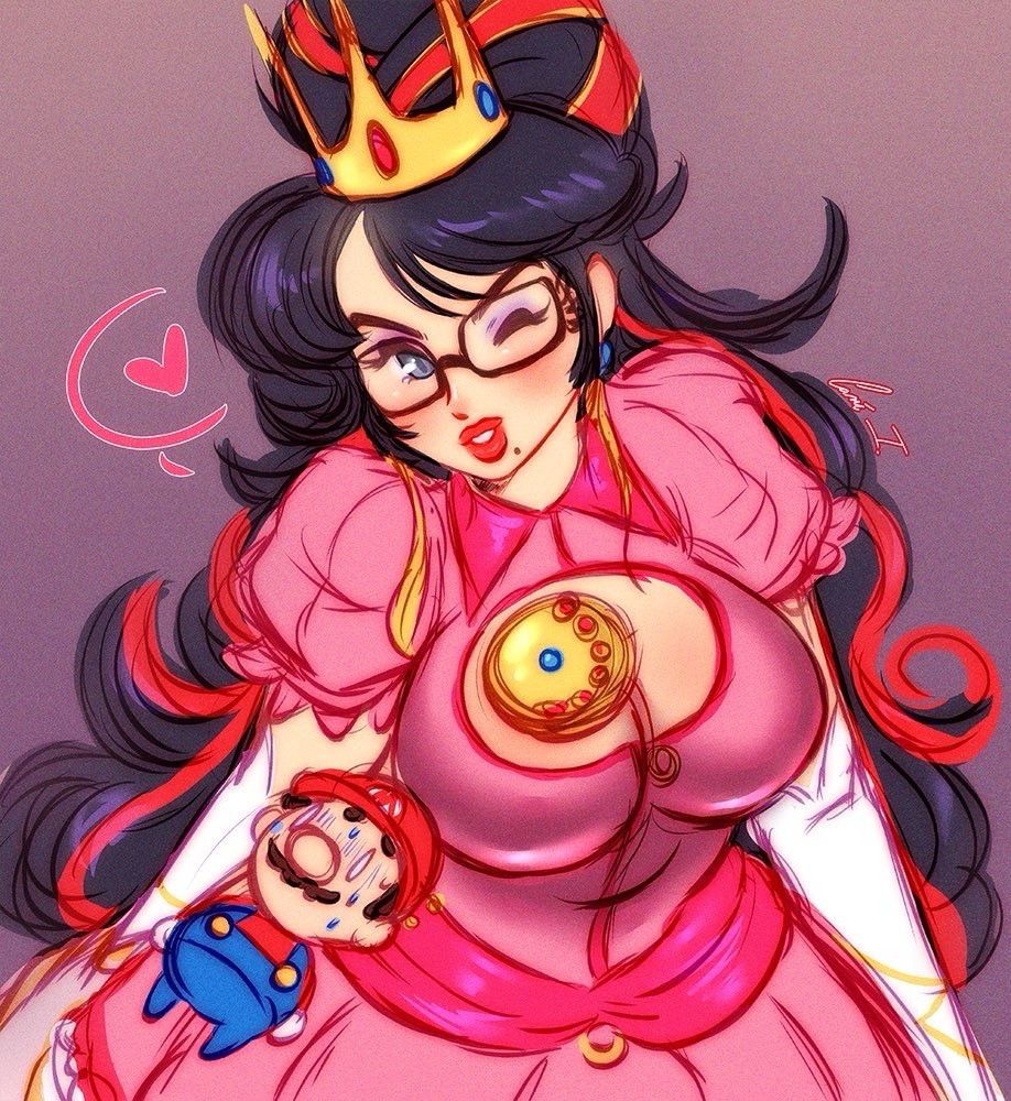 Bayonetta in the Princess Peach costume from Bayonetta 1. A chibi Mario is sweating out of confusion and fear. 