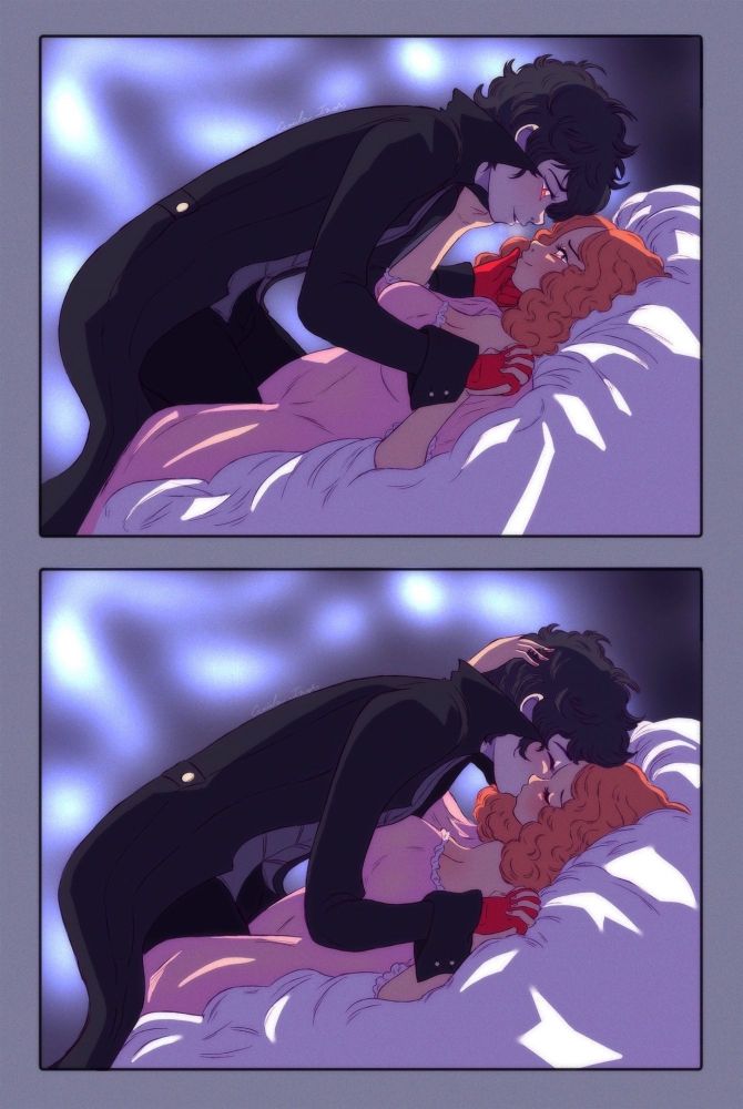 Haru and Joker from Persona 5.

First panel is they are on the mattress; Haru strokes Joker’s face and while their hands interlocked. Joker does not have mask on.

Second panel? They kiss. Haru is gently stroking Joker’s hair during the kiss. 