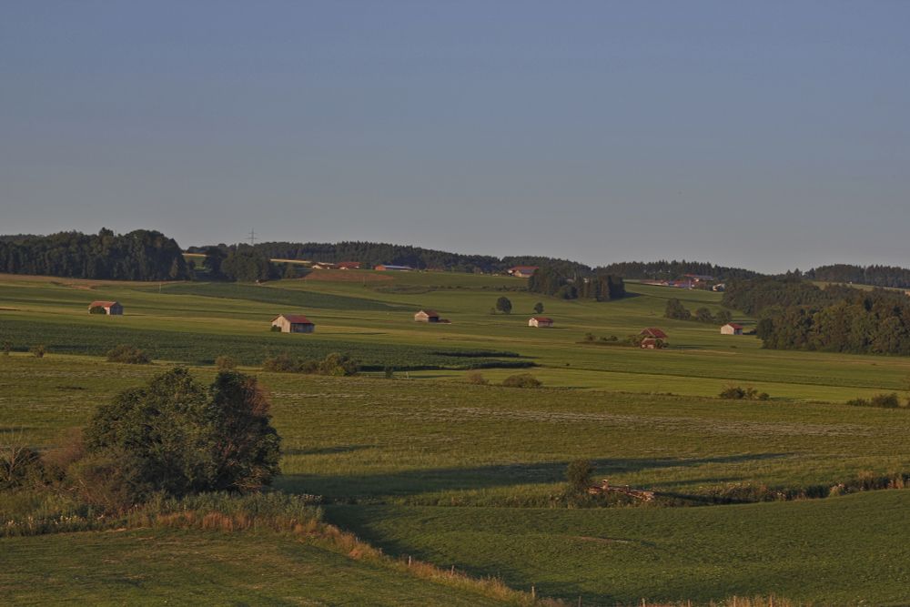 eine hügelige landschaft mit feldern, wäldchen und vor allem vielen scheunen. das licht ist flach und warm, die schatten lang, der himmel noch klar, aber man sieht den warmen sommerabend.
